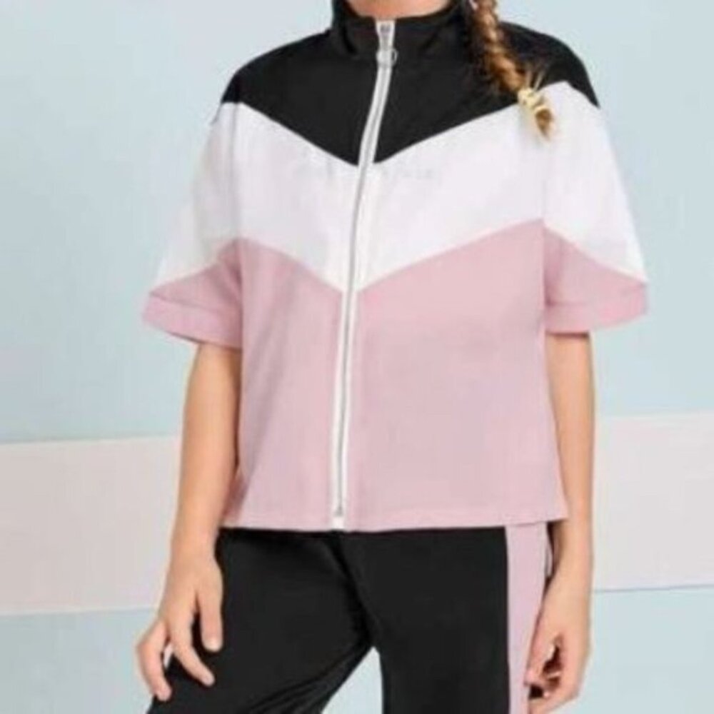 SHEIN Girls‎ Chevron Colorblock Zipper Placket Top